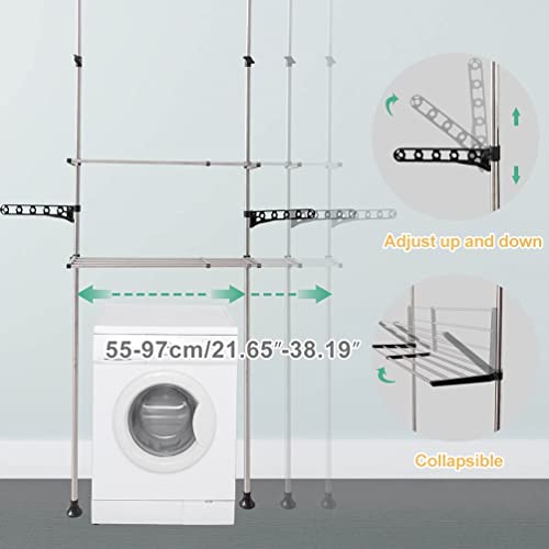 BAOYOUNI 2-Tier Adjustable Laundry Shelf Over The Toilet Washing Machine Storage Rack Tension Pole Bathroom Space Saver Organizer with Clothes Towels Hanger Hook, Black