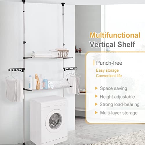 BAOYOUNI 2-Tier Adjustable Laundry Shelf Over The Toilet Washing Machine Storage Rack Tension Pole Bathroom Space Saver Organizer with Clothes Towels Hanger Hook, Black