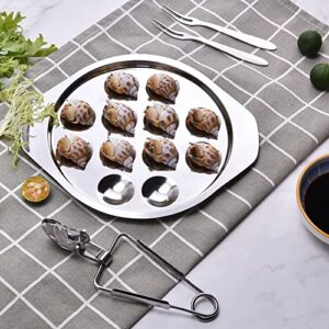 1 Set of Escargot Dish Stainless Steel Snail Escargot Plate 12 Holes with Escargot tong and Escargot fork for Kitchen Restaurant