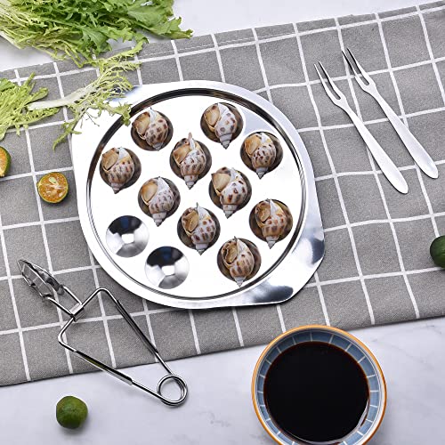 1 Set of Escargot Dish Stainless Steel Snail Escargot Plate 12 Holes with Escargot tong and Escargot fork for Kitchen Restaurant