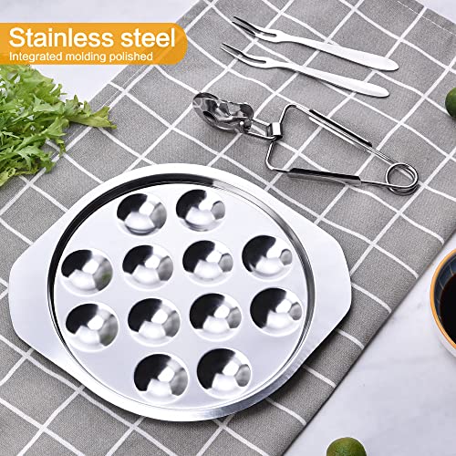 1 Set of Escargot Dish Stainless Steel Snail Escargot Plate 12 Holes with Escargot tong and Escargot fork for Kitchen Restaurant