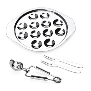 1 Set of Escargot Dish Stainless Steel Snail Escargot Plate 12 Holes with Escargot tong and Escargot fork for Kitchen Restaurant