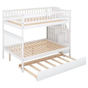 CITYLIGHT Full Over Full Bunk Bed for Adults Kids Teens, Full Over Full Bunk Beds with Trundle,Detachable Wood Full Bunk Bed with Staircase and Bookcase,White