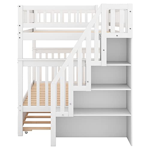 CITYLIGHT Full Over Full Bunk Bed for Adults Kids Teens, Full Over Full Bunk Beds with Trundle,Detachable Wood Full Bunk Bed with Staircase and Bookcase,White