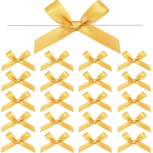 Gejoy 100 Pieces Mini Satin Ribbon Twist Tie Bows DIY Twist Bow Crafts Tying Up for Halloween Christmas Wedding Gift Wrapping Candy Treat Bags Decoration (Gold)