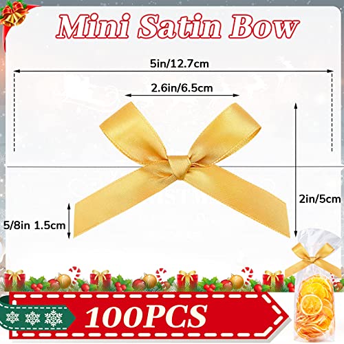 Gejoy 100 Pieces Mini Satin Ribbon Twist Tie Bows DIY Twist Bow Crafts Tying Up for Halloween Christmas Wedding Gift Wrapping Candy Treat Bags Decoration (Gold)