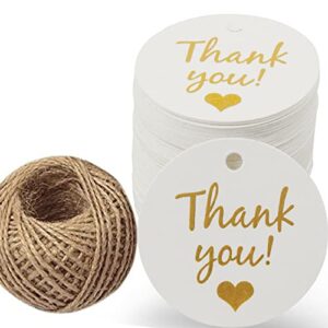 100pcs White Thank You Gift Tags with String Round Paper Gift Wrap Hang Tags for Wedding Baby Shower Birthday Party Favors