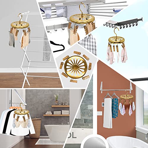 ZMYCJ Drying Rack Laundry Clothes Sock Hanger Golden Stainless Steel Round Hanging with 8 Clips for Drying Socks, Hat, Pants, Baby Clothes, Bras, Masks, Underwear, Scarf, Gloves Hanger