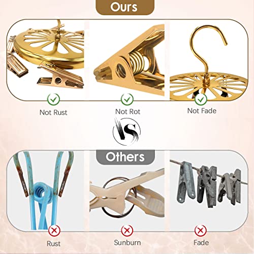 ZMYCJ Drying Rack Laundry Clothes Sock Hanger Golden Stainless Steel Round Hanging with 8 Clips for Drying Socks, Hat, Pants, Baby Clothes, Bras, Masks, Underwear, Scarf, Gloves Hanger