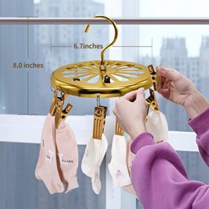 ZMYCJ Drying Rack Laundry Clothes Sock Hanger Golden Stainless Steel Round Hanging with 8 Clips for Drying Socks, Hat, Pants, Baby Clothes, Bras, Masks, Underwear, Scarf, Gloves Hanger