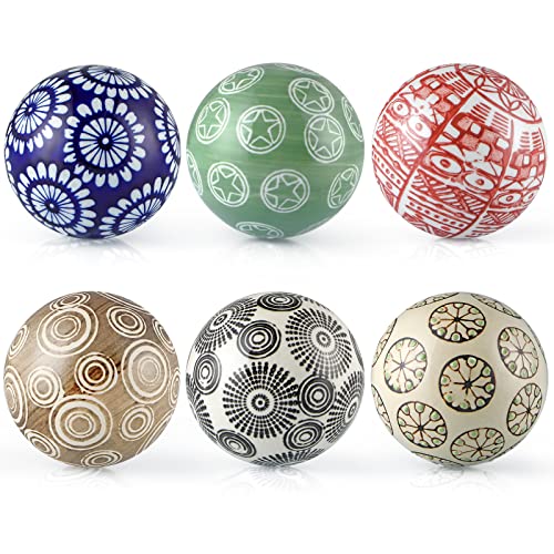 Sanbege Decorative Porcelain Balls, 3" Centerpiece Balls Set, Floating Ceramic Orbs Spheres for Bowl, Vase, Basket, Dish, Fish Tank, Home Decor, Pack of 6 (Assorted Geometric)