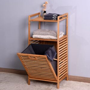 bamboo tilt-out laundry hamper cabinet free-standing ventilated dirty clothes organizer with 2-tier storage shelf & removable fabric bin for bathroom, bedroom, living room