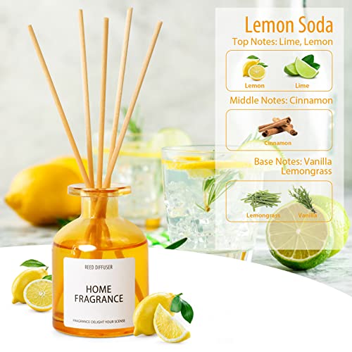 Reed Diffuser, Reed Diffuser Oil, Oil Diffuser with 6 Reed Sticks, Reed Diffuser Set, Scent Diffuser, Diffuser Oil, Home Fragrance Products Lemon soda 3.4oz