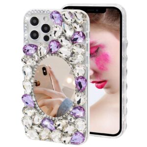 crystal mirror case for iphone 13 pro,luxury sparkle bling 3d diamond rhinestone phone case women girls makeup moiky clear slim shockproof tpu bumper protective cover for iphone 13 pro(white+purple)