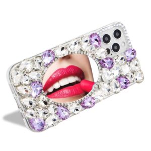 Crystal Mirror Case for iPhone 13 Pro,Luxury Sparkle Bling 3D Diamond Rhinestone Phone Case Women Girls Makeup MOIKY Clear Slim Shockproof TPU Bumper Protective Cover for iPhone 13 Pro(White+Purple)