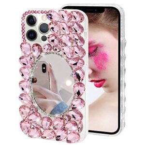 crystal mirror case for iphone 13 pro,luxury sparkle bling 3d diamond rhinestone phone case women girls makeup moiky clear slim shockproof tpu bumper protective cover for iphone 13 pro(pink)