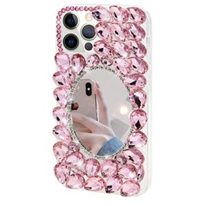 Crystal Mirror Case for iPhone 13 Pro,Luxury Sparkle Bling 3D Diamond Rhinestone Phone Case Women Girls Makeup MOIKY Clear Slim Shockproof TPU Bumper Protective Cover for iPhone 13 Pro(Pink)