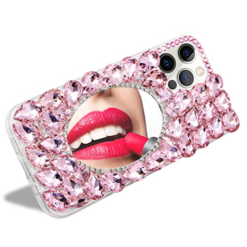 Crystal Mirror Case for iPhone 13 Pro,Luxury Sparkle Bling 3D Diamond Rhinestone Phone Case Women Girls Makeup MOIKY Clear Slim Shockproof TPU Bumper Protective Cover for iPhone 13 Pro(Pink)