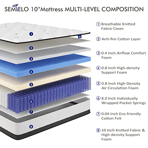 SEMIELO Queen Size Mattress 10 Inch, Memory Foam Hybrid Mattress Cool Sleep/Medium Firm/CertiPUR-US Certified, Pressure Relieving Bed Mattress in a Box with Individually Wrapped Coils