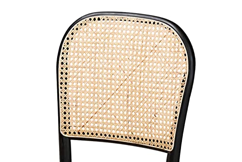 Baxton Studio Cambree Mid-Century Modern Brown Woven Rattan and Black Wood 2-Piece Cane Dining Chair Set