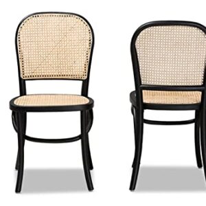 Baxton Studio Cambree Mid-Century Modern Brown Woven Rattan and Black Wood 2-Piece Cane Dining Chair Set