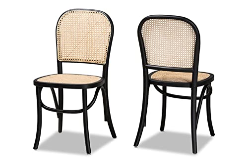 Baxton Studio Cambree Mid-Century Modern Brown Woven Rattan and Black Wood 2-Piece Cane Dining Chair Set