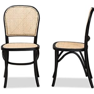 Baxton Studio Cambree Mid-Century Modern Brown Woven Rattan and Black Wood 2-Piece Cane Dining Chair Set