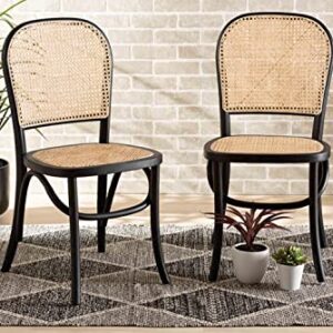 Baxton Studio Cambree Mid-Century Modern Brown Woven Rattan and Black Wood 2-Piece Cane Dining Chair Set