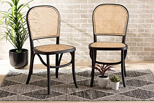 Baxton Studio Cambree Mid-Century Modern Brown Woven Rattan and Black Wood 2-Piece Cane Dining Chair Set