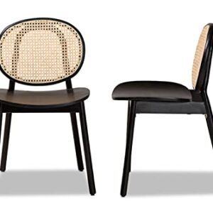 Baxton Studio Halen Mid-Century Modern Brown Woven Rattan and Black Wood Finished 2-Piece Cane Dining Chair Set