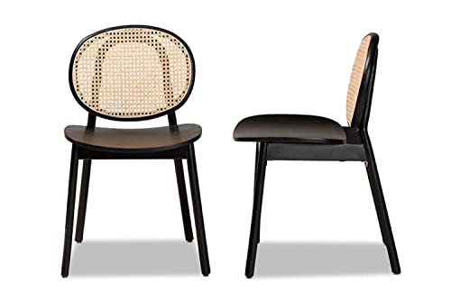 Baxton Studio Halen Mid-Century Modern Brown Woven Rattan and Black Wood Finished 2-Piece Cane Dining Chair Set