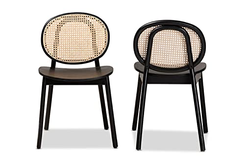 Baxton Studio Halen Mid-Century Modern Brown Woven Rattan and Black Wood Finished 2-Piece Cane Dining Chair Set