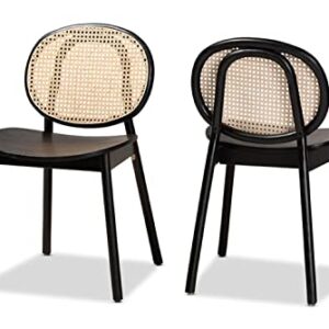 Baxton Studio Halen Mid-Century Modern Brown Woven Rattan and Black Wood Finished 2-Piece Cane Dining Chair Set