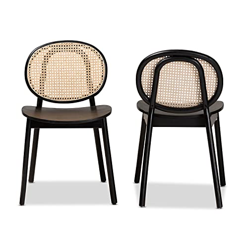 Baxton Studio Halen Mid-Century Modern Brown Woven Rattan and Black Wood Finished 2-Piece Cane Dining Chair Set