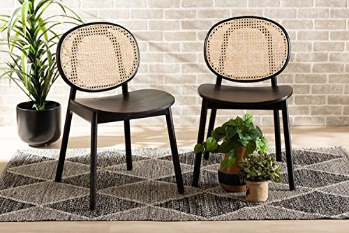 Baxton Studio Halen Mid-Century Modern Brown Woven Rattan and Black Wood Finished 2-Piece Cane Dining Chair Set