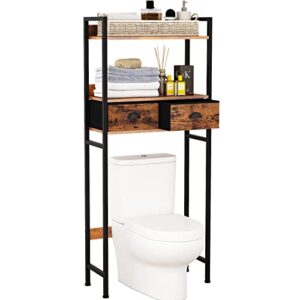 furnulem over the toilet storage cabinet with 2 drawers, 3-tier bathroom organizer space saver rack wood shelf, floor mount above toilet,freestanding with adjustable feet (rustic brown)