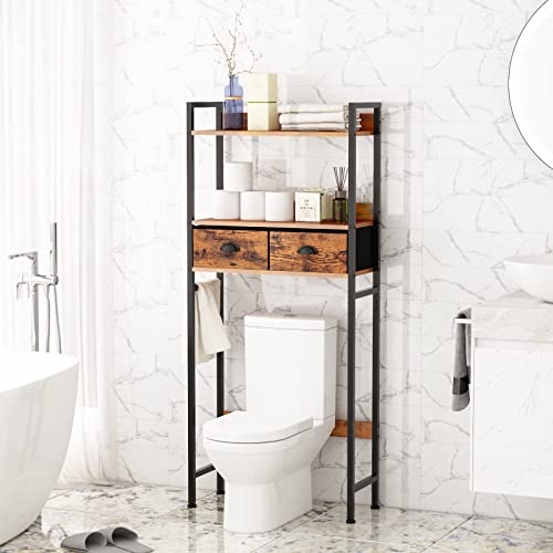 Furnulem Over The Toilet Storage Cabinet with 2 Drawers, 3-Tier Bathroom Organizer Space Saver Rack Wood Shelf, Floor Mount Above Toilet,Freestanding with Adjustable Feet (Rustic Brown)