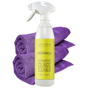 ultra clarity auto windshield & glass cleaning spray kit, 18 oz spray & 2 large premium microfiber cloths, safe on tinted windows, touchscreen display, optical grade, high shine streak-free cleaner