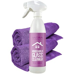 ultra clarity household window & glass cleaning spray kit, 18 oz spray & 2 large premium microfiber cloths, mirrors, shower door, electronic screens, optical grade streak-free home cleaner