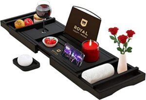 royal craft wood luxury bathtub caddy tray, 1 or 2 person bath and bed tub table with extending sides, adjustable organizer tray for bathroom - free soap dish (black)