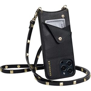 bandolier sarah crossbody phone case and wallet - black leather with gold detail - compatible with iphone 13 pro