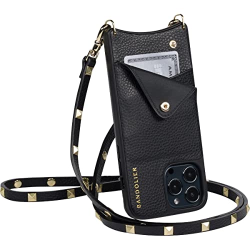 Bandolier Sarah Crossbody Phone Case and Wallet - Black Leather with Gold Detail - Compatible with iPhone 13 Pro