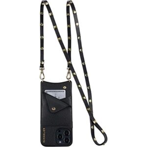 Bandolier Sarah Crossbody Phone Case and Wallet - Black Leather with Gold Detail - Compatible with iPhone 13 Pro