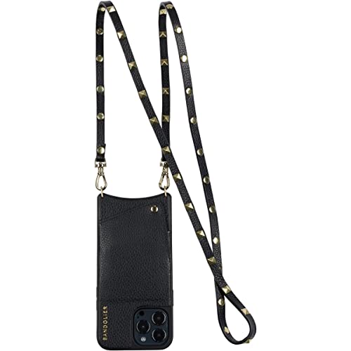 Bandolier Sarah Crossbody Phone Case and Wallet - Black Leather with Gold Detail - Compatible with iPhone 13 Pro