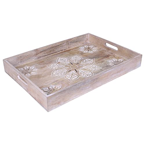 Mela Artisans Farmhouse & TV Ottoman Wooden Serving Tray - Large, Serena Whitewash | Decorative Mango Wood | Ideal to Serve Breakfast, Other Foods, Coffee, Tea | Rustic Home Decor | 20 x 14” x 2.5”