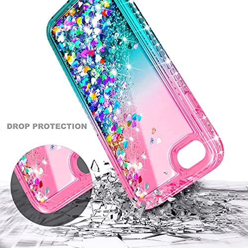 NGB Supremacy Compatible for iPhone 5/5S/iPhone SE (2016 Edition) Case with Tempered Glass Screen Protector, Ring Holder/Wrist Strap, Girls Women Kids Sparkle Glitter Liquid Cute Case (Pink/Aqua)