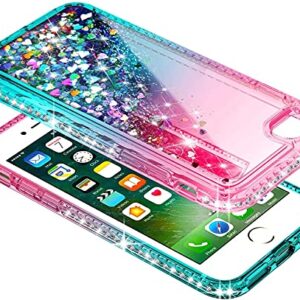 NGB Supremacy Compatible for iPhone 5/5S/iPhone SE (2016 Edition) Case with Tempered Glass Screen Protector, Ring Holder/Wrist Strap, Girls Women Kids Sparkle Glitter Liquid Cute Case (Pink/Aqua)