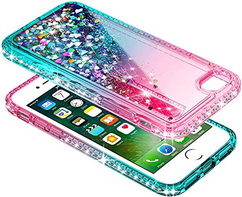 NGB Supremacy Compatible for iPhone 5/5S/iPhone SE (2016 Edition) Case with Tempered Glass Screen Protector, Ring Holder/Wrist Strap, Girls Women Kids Sparkle Glitter Liquid Cute Case (Pink/Aqua)