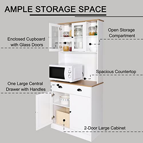 VEIKOUS 72" Kitchen Storage Cabinet, Freestanding Kitchen Buffet with Hutch w/Wide Countertop & Adjustable Shelves, Pantry Cabinets with Glass Doors, White