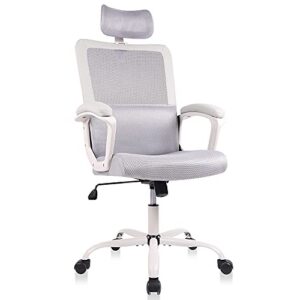 office chair, ergonomic mesh computer desk chair, high back swivel task executive chair padding armrests with adjustable rotatable headrest lumbar support (light gray, no hanger)